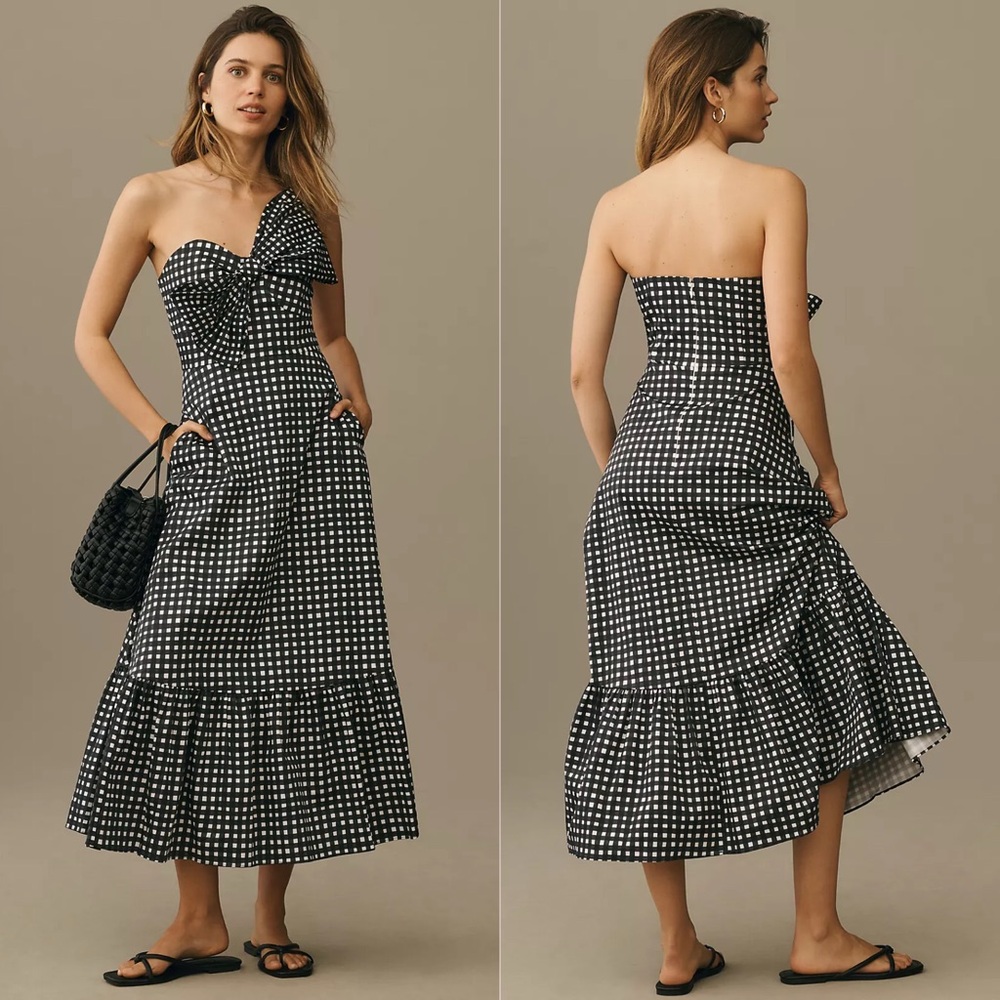 Anthropologie Black & White Gingham Strapless Midi Dress